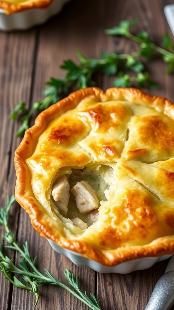 Air Fryer Frozen Chicken Pot Pie Recipe Crispy air fryer chicken pot pie on a wooden table with steam rising from the filling.
